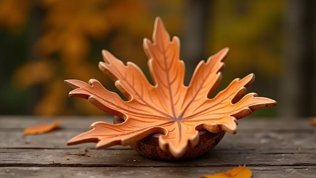 Carved wooden autumn leaf holder with natural wood finish
