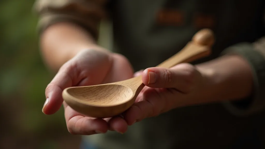 Whittled wooden spoon with decorative handle and smooth curves