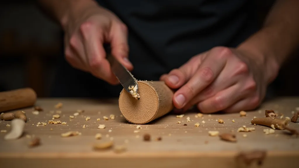 Hands holding wooden stick in progress showing initial roughing cuts and shaping of the handle area