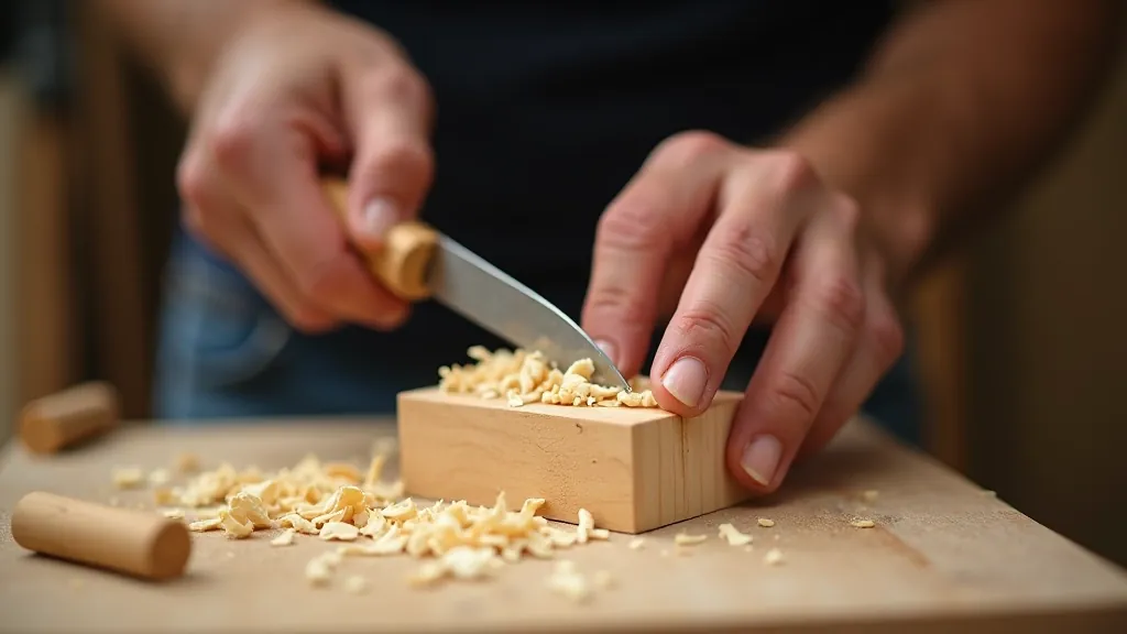 Whittling work in progress showing a partially carved wooden figure with sharp carving tools and wood shavings