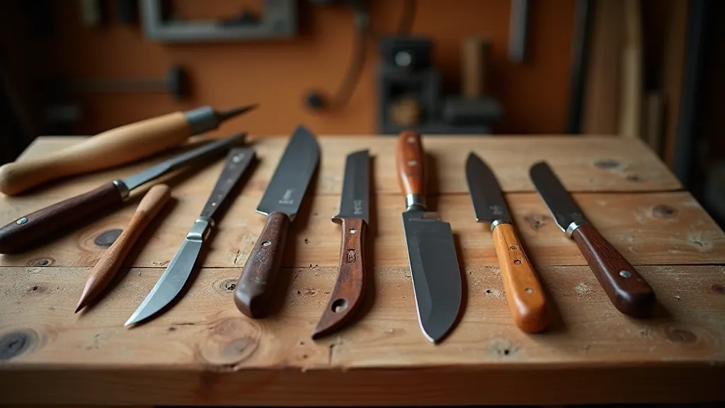 Assorted whittling knives and tools arranged on wooden table with wood shavings