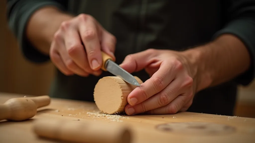 Hands demonstrating proper knife grip and cutting angle on wooden block