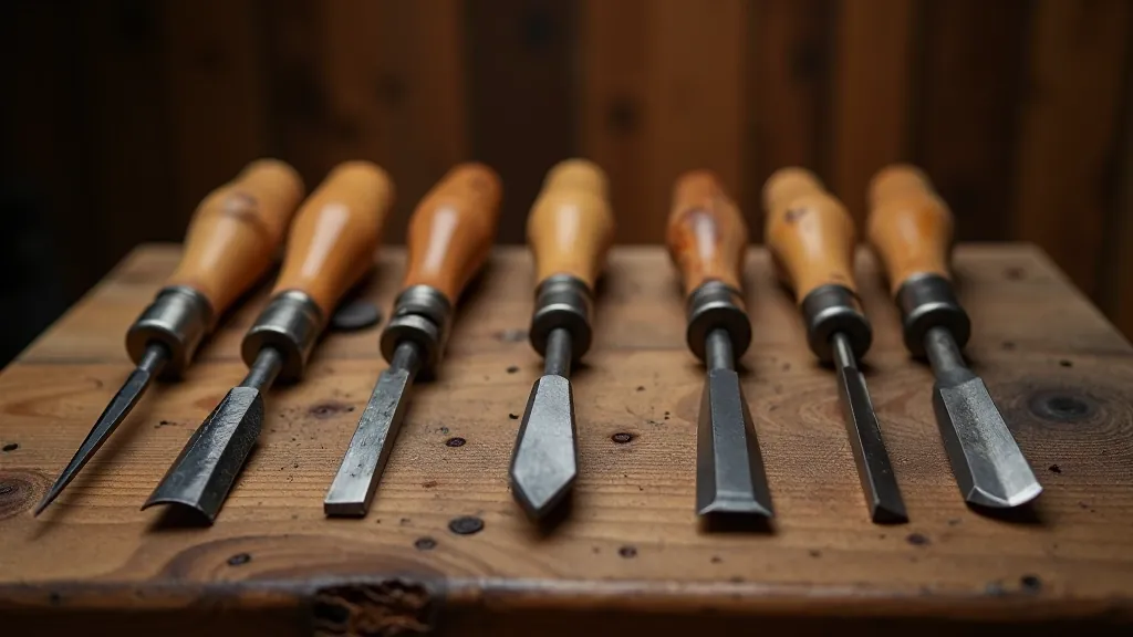 Carving tools arranged on wooden workbench including various chisels, knives, gouges, and shaping tools with proper lighting